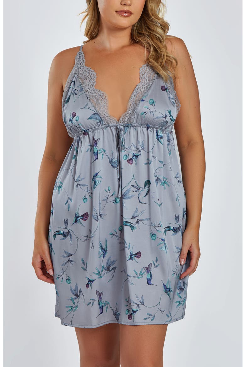 Hummingbird Print Satin Chemise with Laced Trimmed Plunge Neckline, Main, color, GRAY