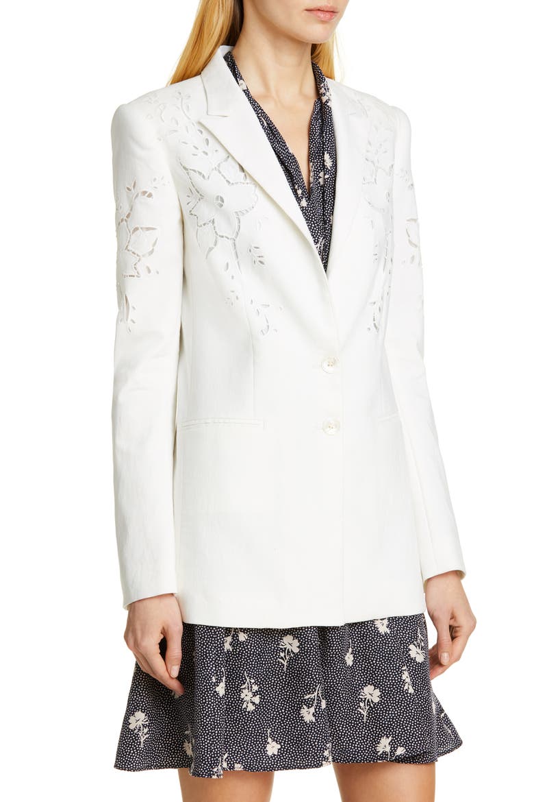 Eyelet Embroidery Linen Blend Blazer, Alternate, color, SNOW