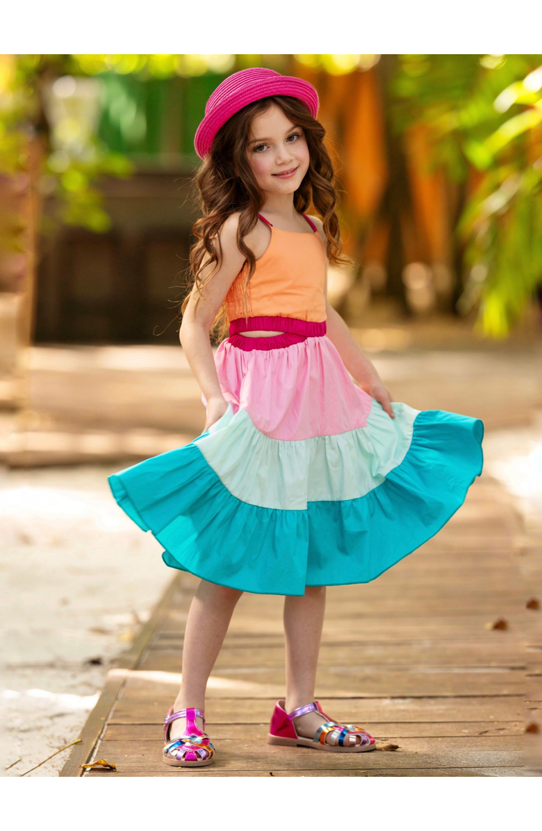 Mia Belle Girls Sunset Sorbet Tiered Colorblock Dress, Alternate, color, Yellow