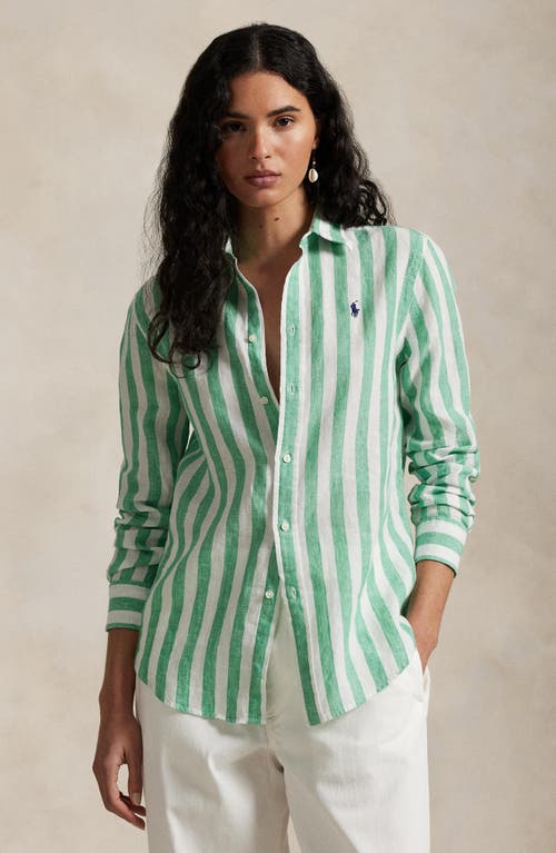 Shop Polo Ralph Lauren Classic Fit Stripe Linen Button-up Shirt In Green/white