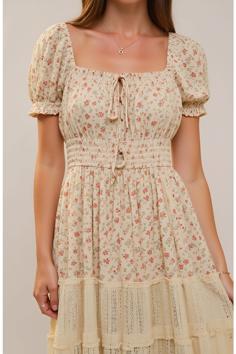 Floral Maxi Dress with Puff Sleeves Smocked Waist and Tiered Skirt, Alternate, color, Floral
