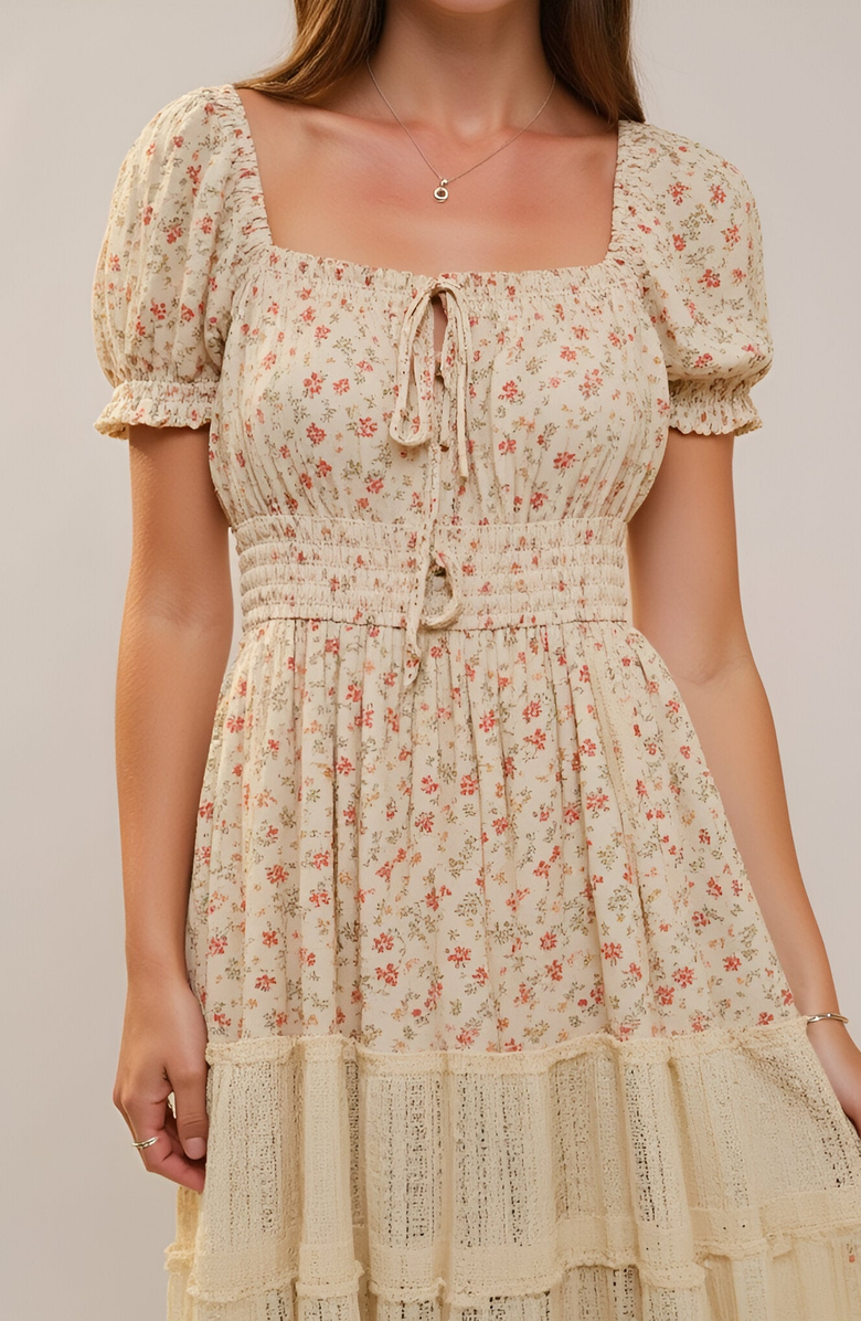 Modenaire Floral Maxi Dress with Puff Sleeves Smocked Waist and Tiered Skirt, Alternate, color, 