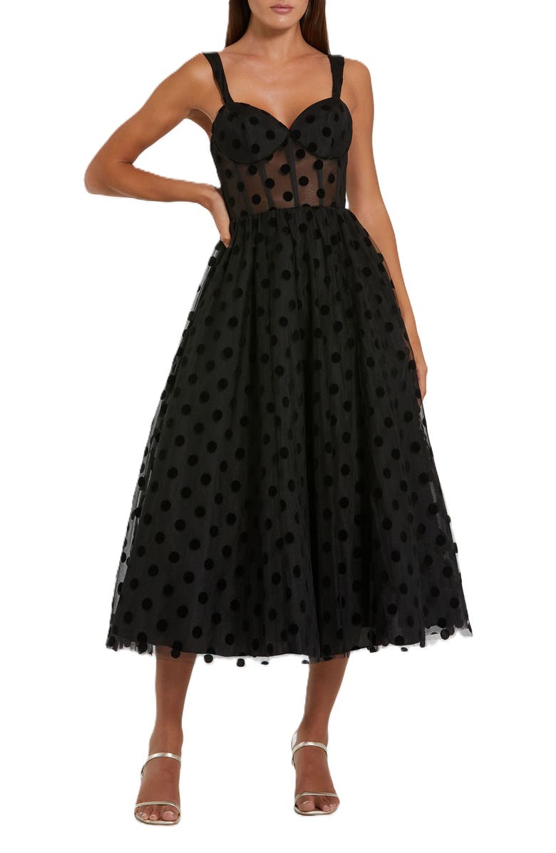 Mac Duggal Polka Dot Tulle A-Line Midi Dress, Main, color, Black