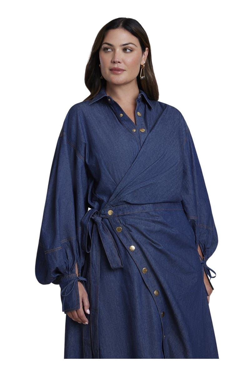 Balloon Denim Maxi Shirt Dress (plus), Alternate, color, DARK WASH