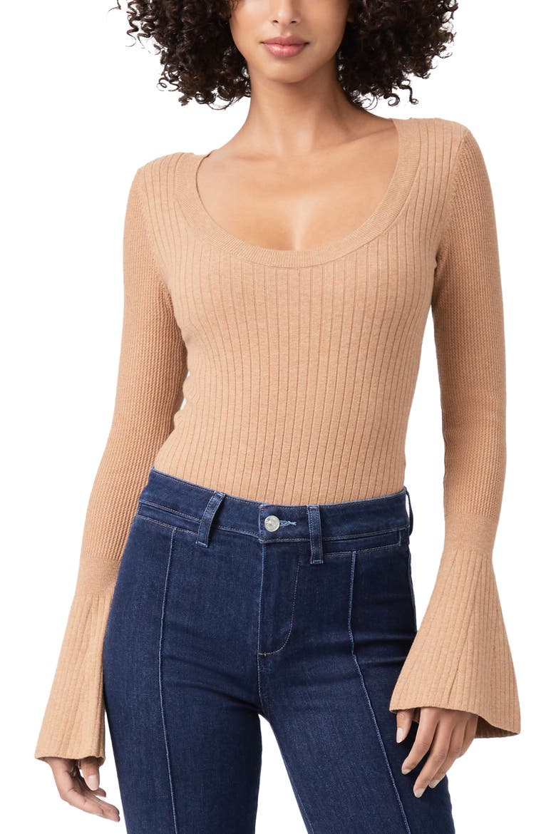 Mimi Bell Sleeve Cotton Blend Bodysuit, Main, color, DARK CAMEL