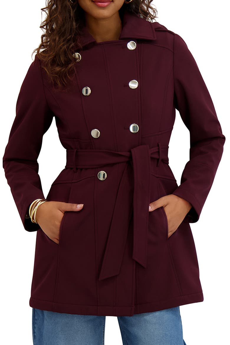 Hooded Double Breasted Soft Shell Jacket, Main, color, BURGUNDY