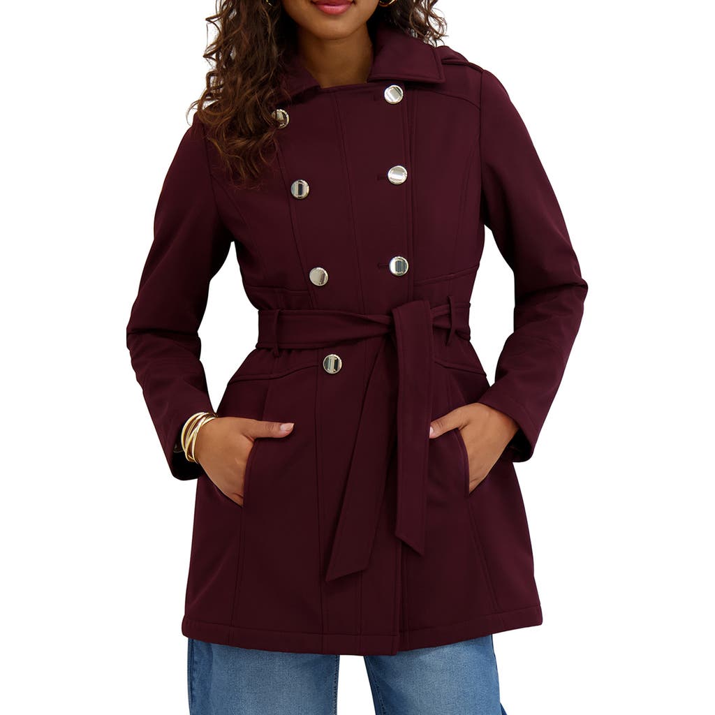 Kensie Hooded Double Breasted Soft Shell Jacket In Burgundy