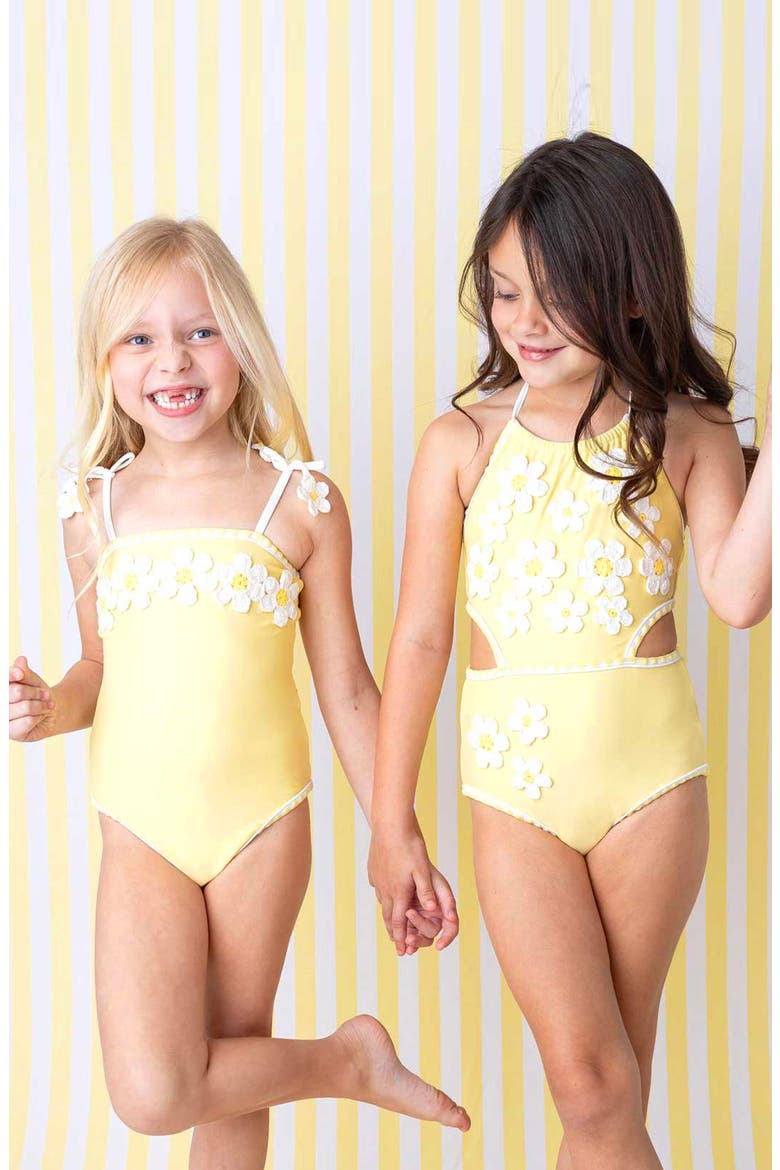 Kids' Embroidered Crochet Floral One-Piece Swimsuit, Alternate, color, YELLOW