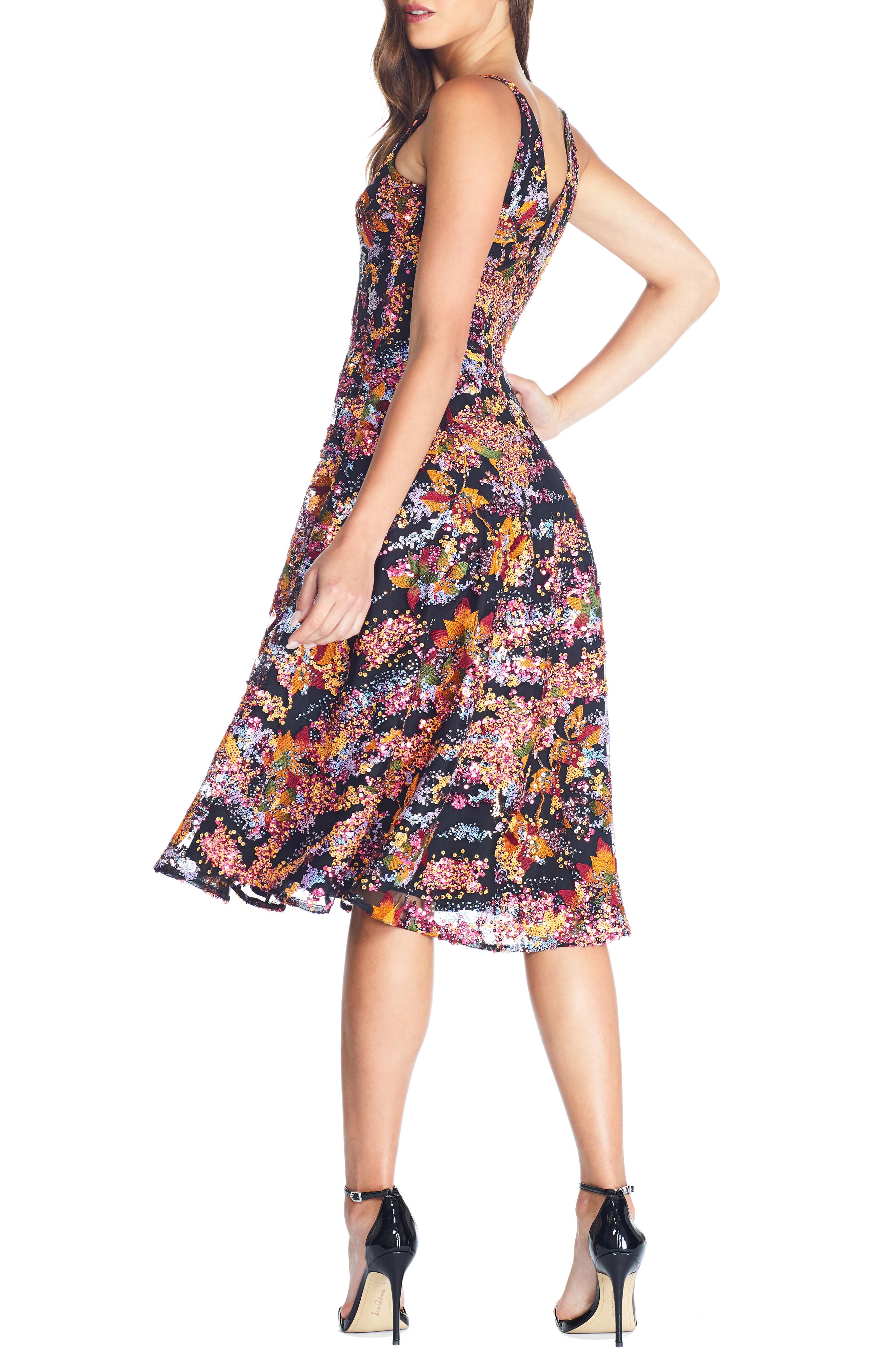 elisa embroidered fit & flare midi dress Dress the Population Elisa Abstract Sequin Dress - Black