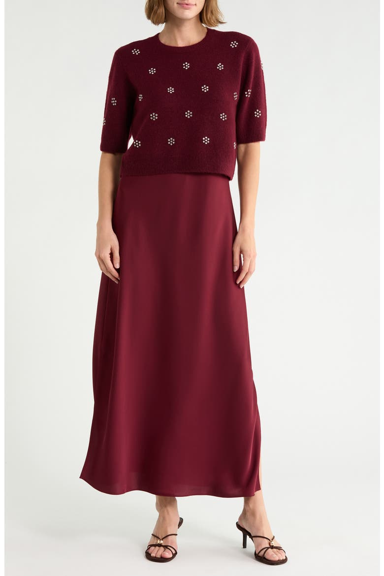 Satin Maxi Slipdress & Short Sleeve Sweater Set, Alternate, color, CRISP MERLOT