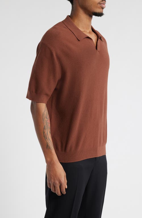 Open Edit Textured Stitch Short Sleeve Polo Sweater In Brown Tiramisu