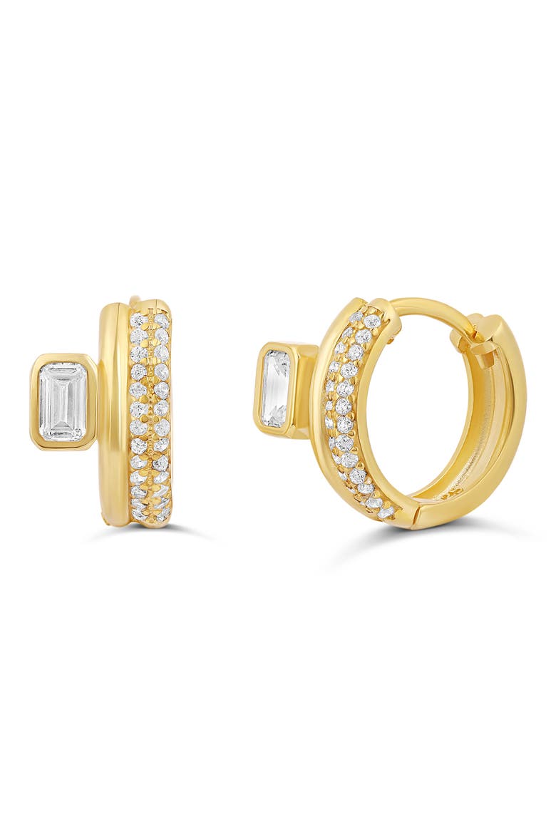 14k Gold Plate Emerald Cut & Pav Huggie Hoop Earrings, Main, color, GOLD