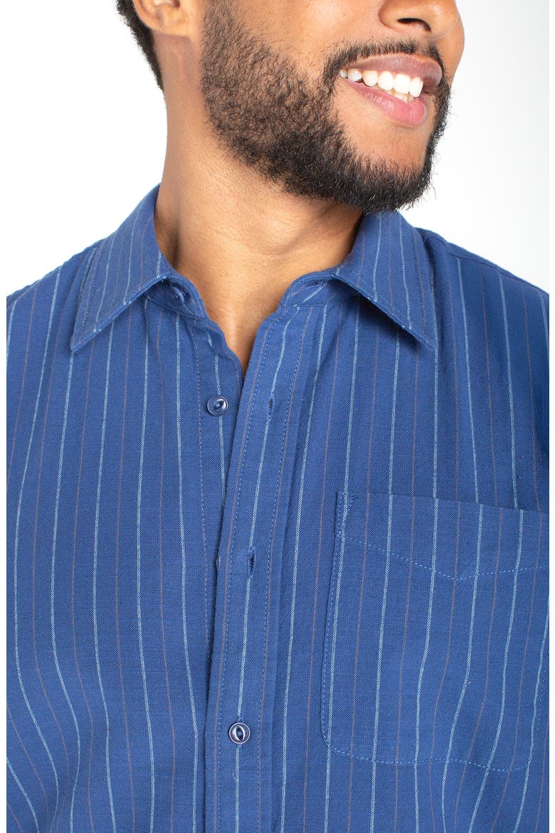 Pinstripe Short Sleeve Cotton Button-Up Shirt, Alternate, color, BLUE MULTI
