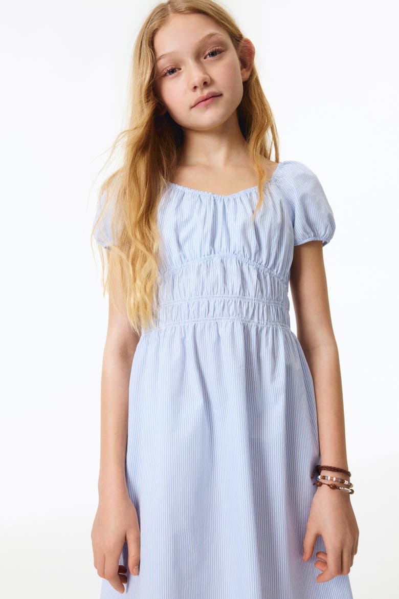 Puff-sleeved Cotton Dress, Alternate, color, Light blue/white striped