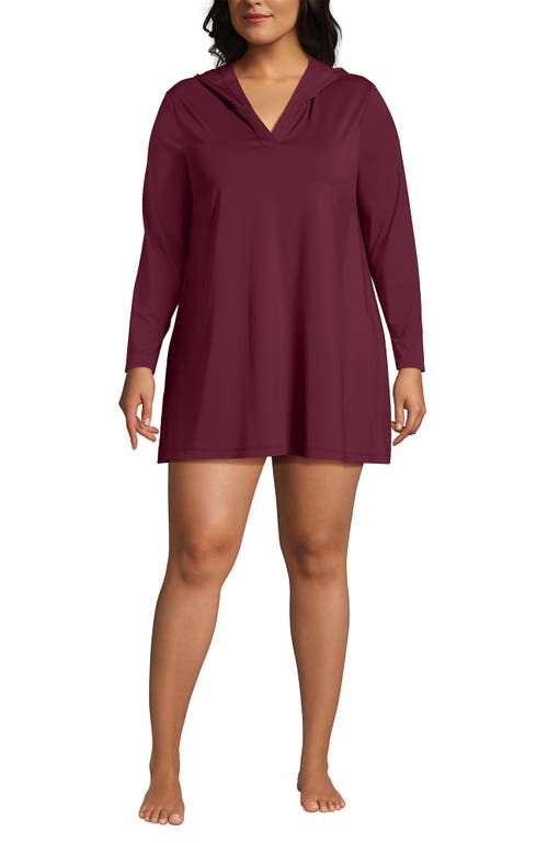 Lands' End Cotton Jersey Long Sleeve Hooded Swim Cover-up Dress In Burgundy