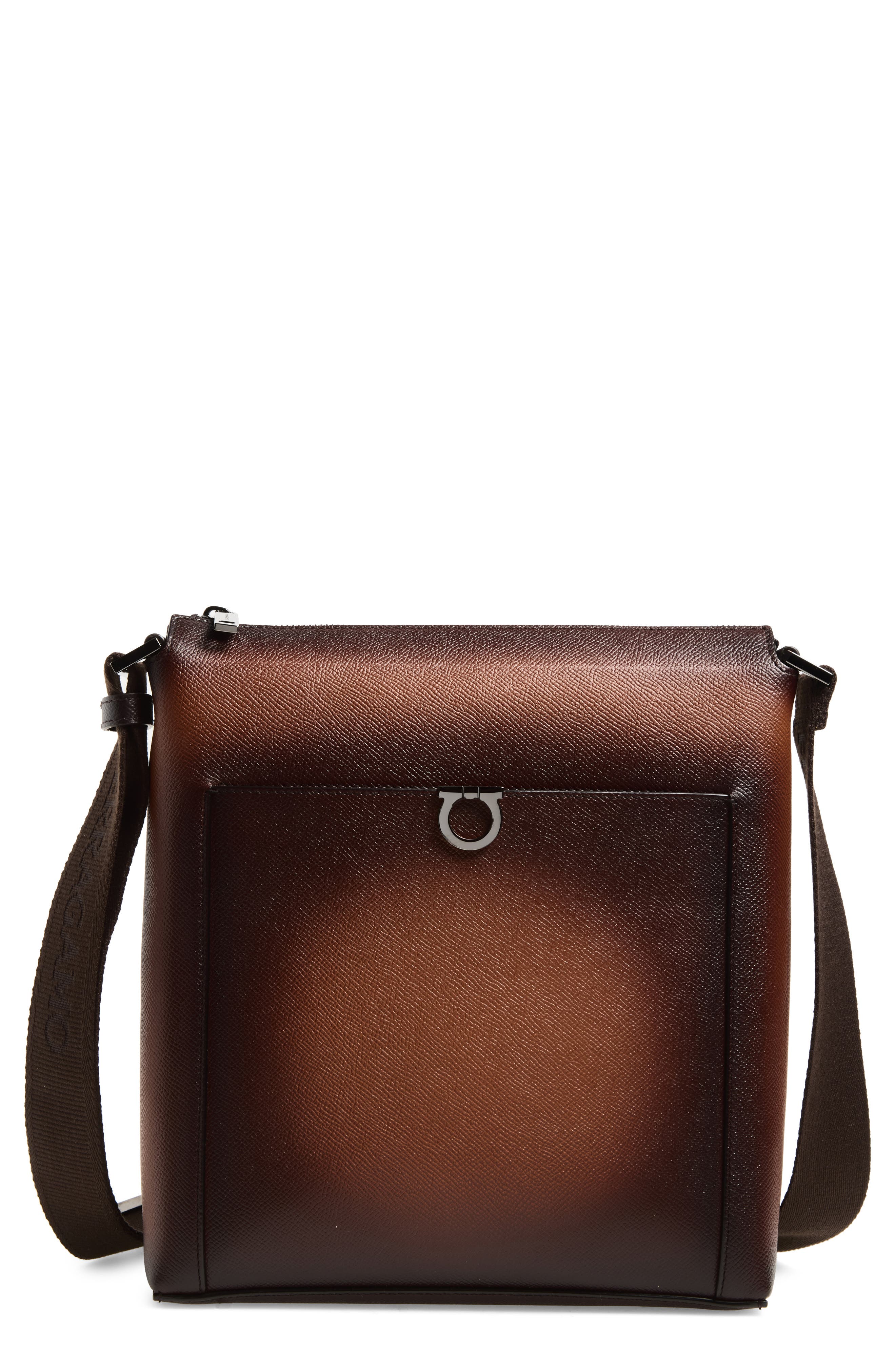 FERRAGAMO Trading Gancio Leather Crossbody Case, Main, color, New Cognac Testa Di Moro Dark