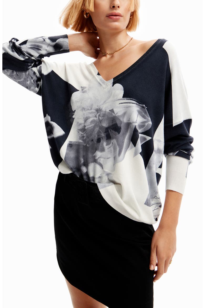 Floral Print Sweater, Alternate, color, WHITE