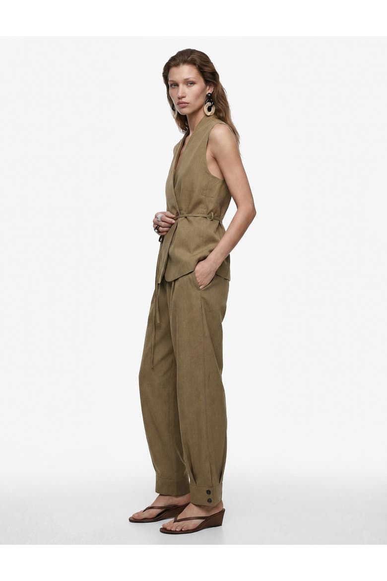 Linen Blend V-Neck Tailored Vest with Belt, Main, color, KHAKI