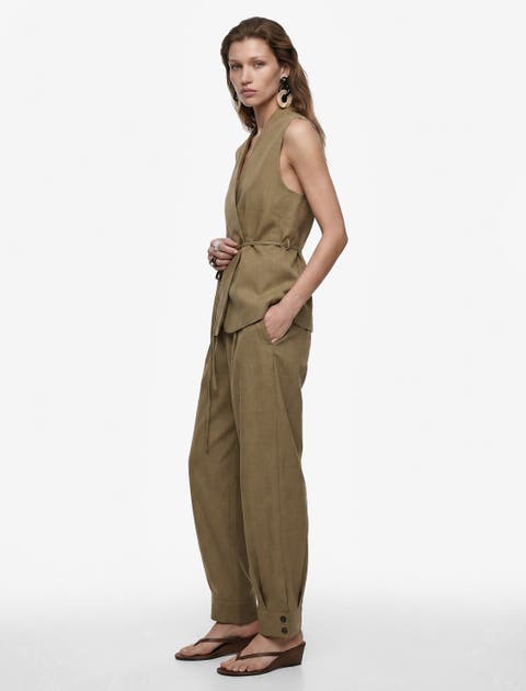 Linen Blend V-Neck Tailored Vest with Belt