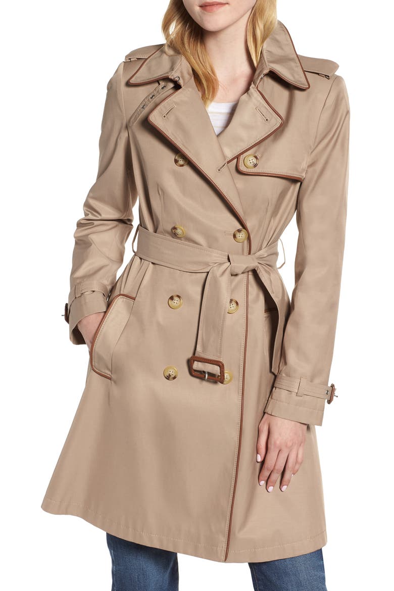 Faux Leather Trim Trench Coat, Main, color, SAND
