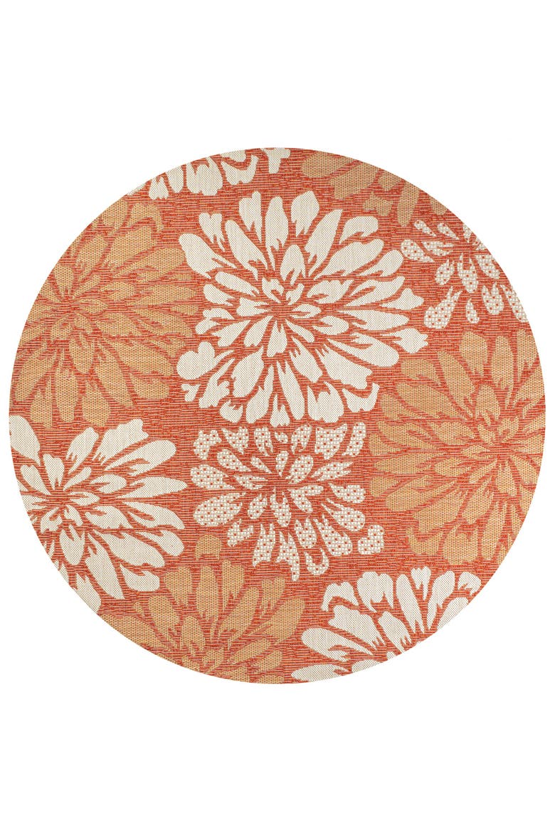 Zinnia Modern Floral Textured Weave Indoor/Outdoor Round Area Rug, Main, color, Orange/Cream