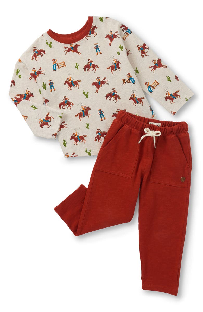Hatley On the Ranch Print Long Sleeve T-Shirt & Sweatpants Set, Main, color, Oatmeal Melange