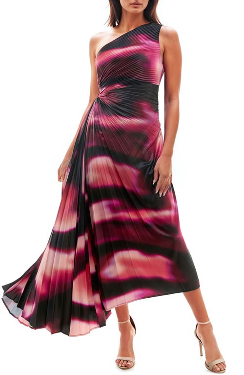 Socialite Print Asymmetric Hem Pleated Maxi Dress in Black/Tan/Pink 