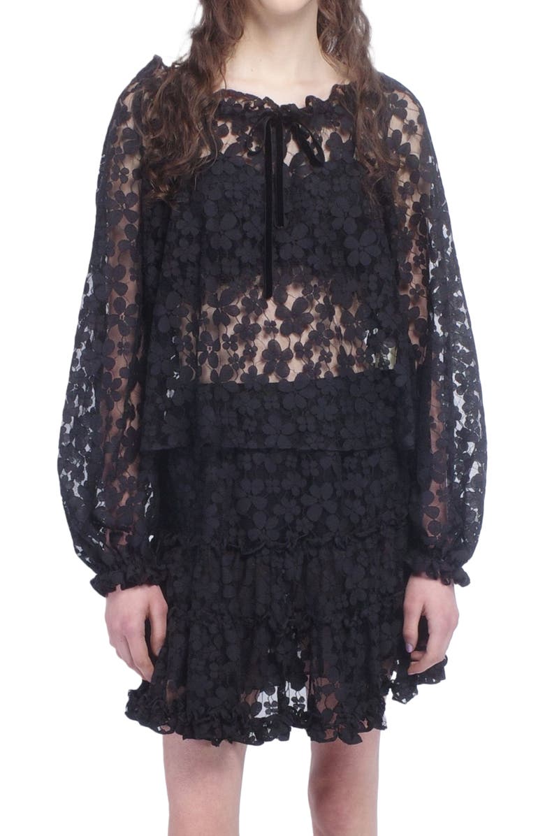 Anna Sui Shadow Blossom Tulle Elastic Lace Blouse, Main, color, Black