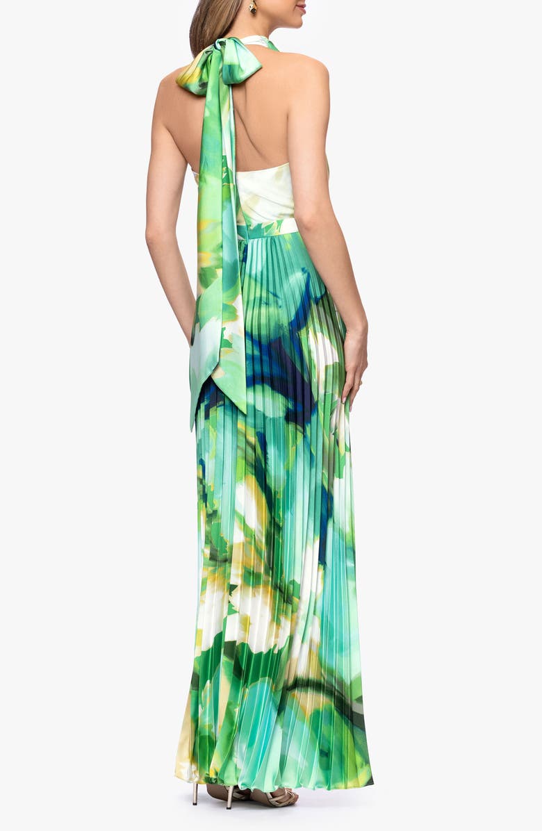 Betsy & Adam Cowl Neck Print Pleated Halter Gown, Alternate, color,