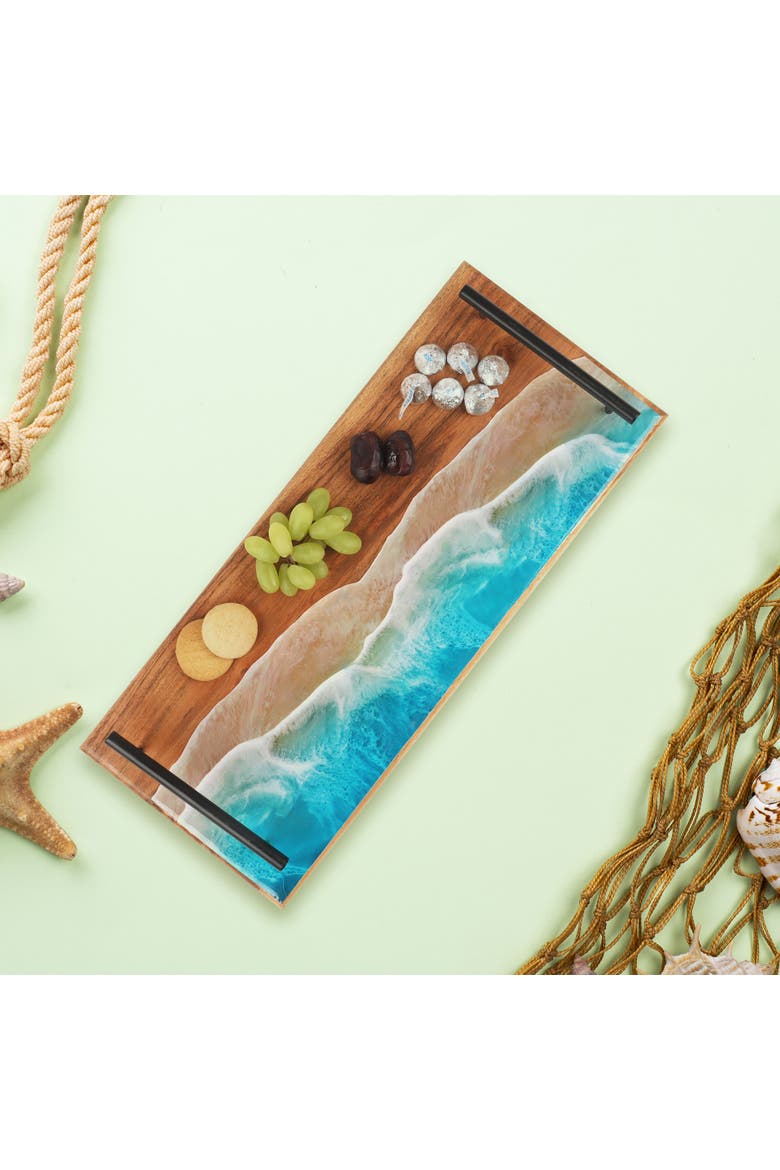 Wave Coastal Wood Novelty Rectangle Serving Tray with Handles, Alternate, color, Blue