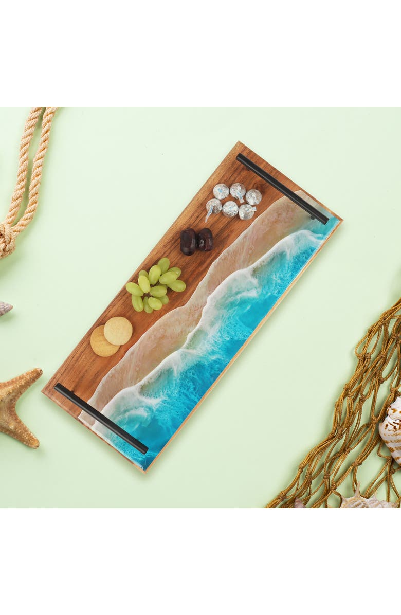 Gallerie II Wave Coastal Wood Novelty Rectangle Serving Tray with Handles, Alternate, color, Blue