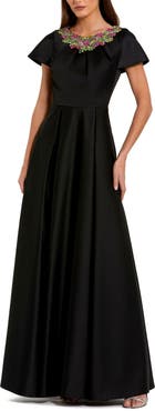 Mac Duggal Satin Flutter Sleeve Beaded Neckline Gown