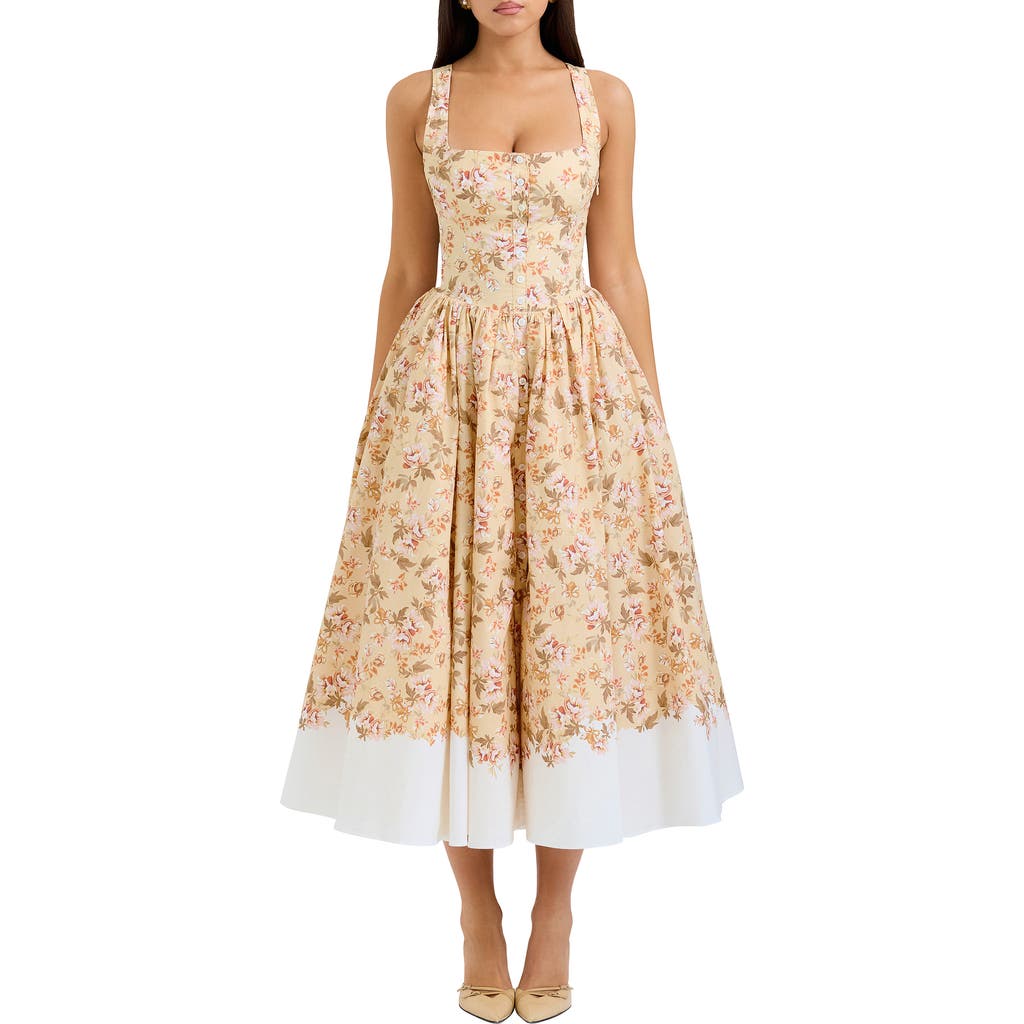 HOUSE OF CB Alba Floral Stretch Cotton Midi Sundress in Sun Bleached