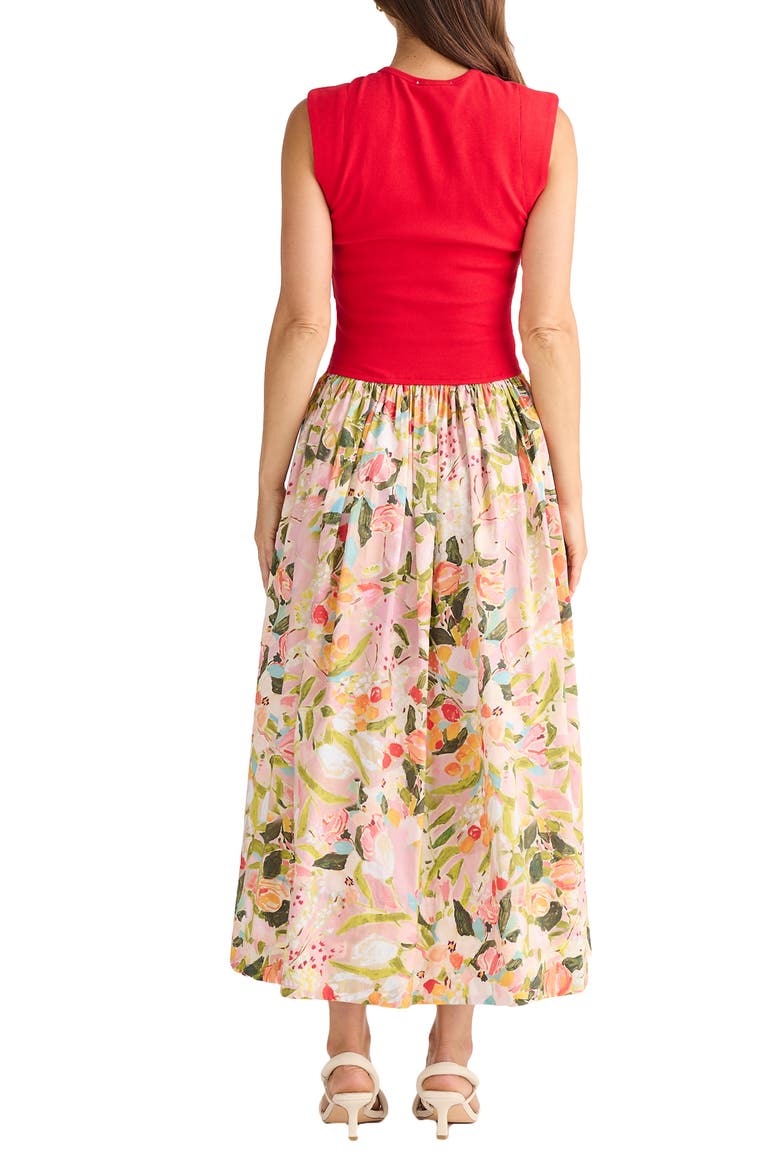 Daphne Floral Mixed Media Midi Dress, Alternate, color, ZOES GARDEN W RED