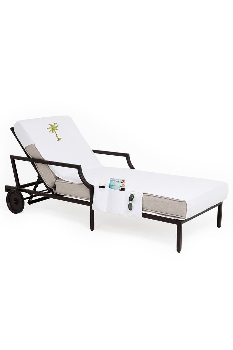 100% Turkish Cotton Palm Tree Embroidered Standard Size Chaise Lounge Cover With Side Pockets - White, Alternate, color, WHITE