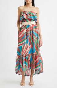 Tahari ASL Ruffle Belted Strapless Maxi Dress
