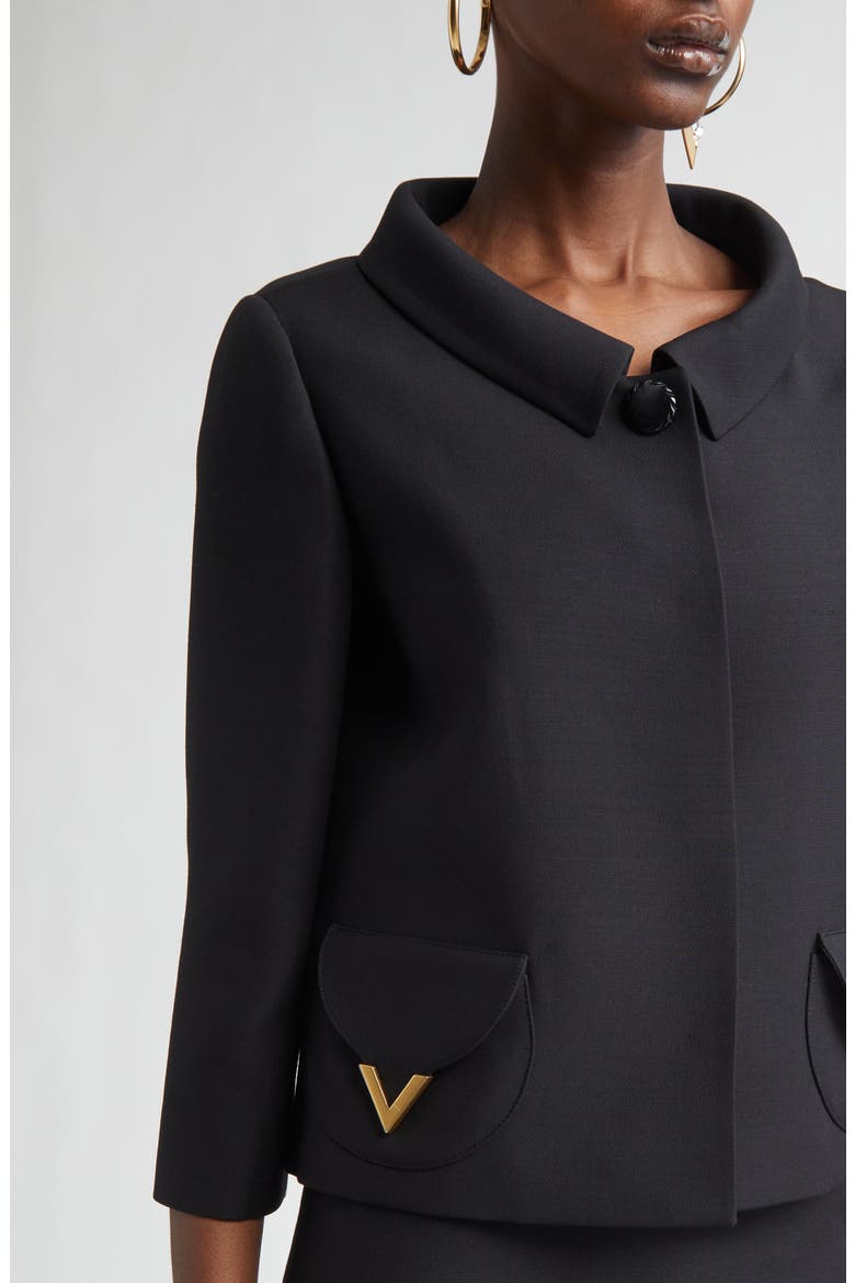 V-Detail Crepe Couture Jacket, Alternate, color, BLACK