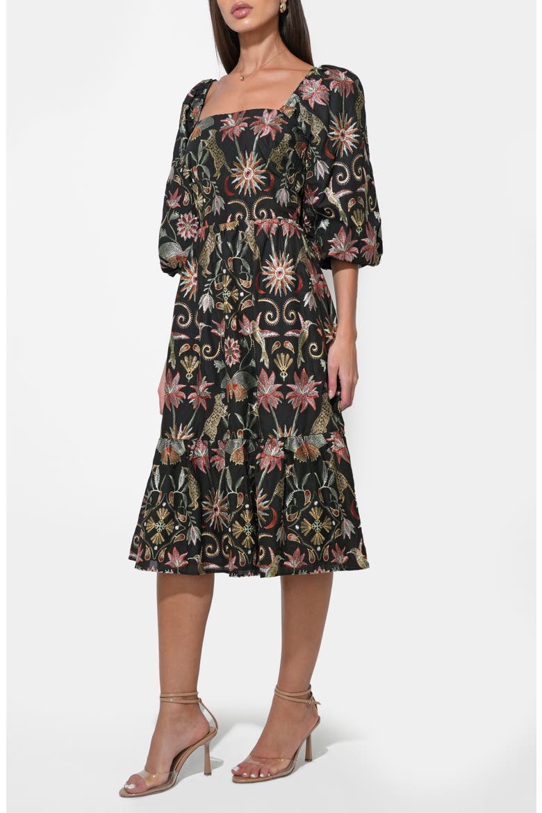 Lydia Floral Embroidery Midi Dress, Alternate, color, BLACK