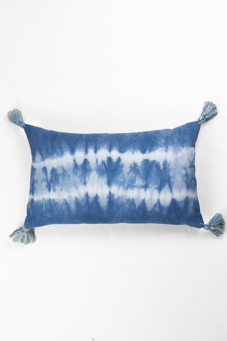 Striped Shibori Indigo Tassel Lumbar Pillow, Alternate, color, INDIGO BLUE