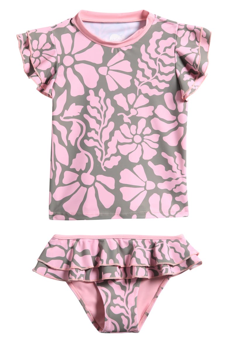 Kids' Melo Two-Piece Rashguard Swimsuit, Main, color, OLIVE/ PINK