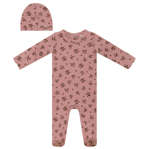 Ribbed Flower Print Romper & Hat
