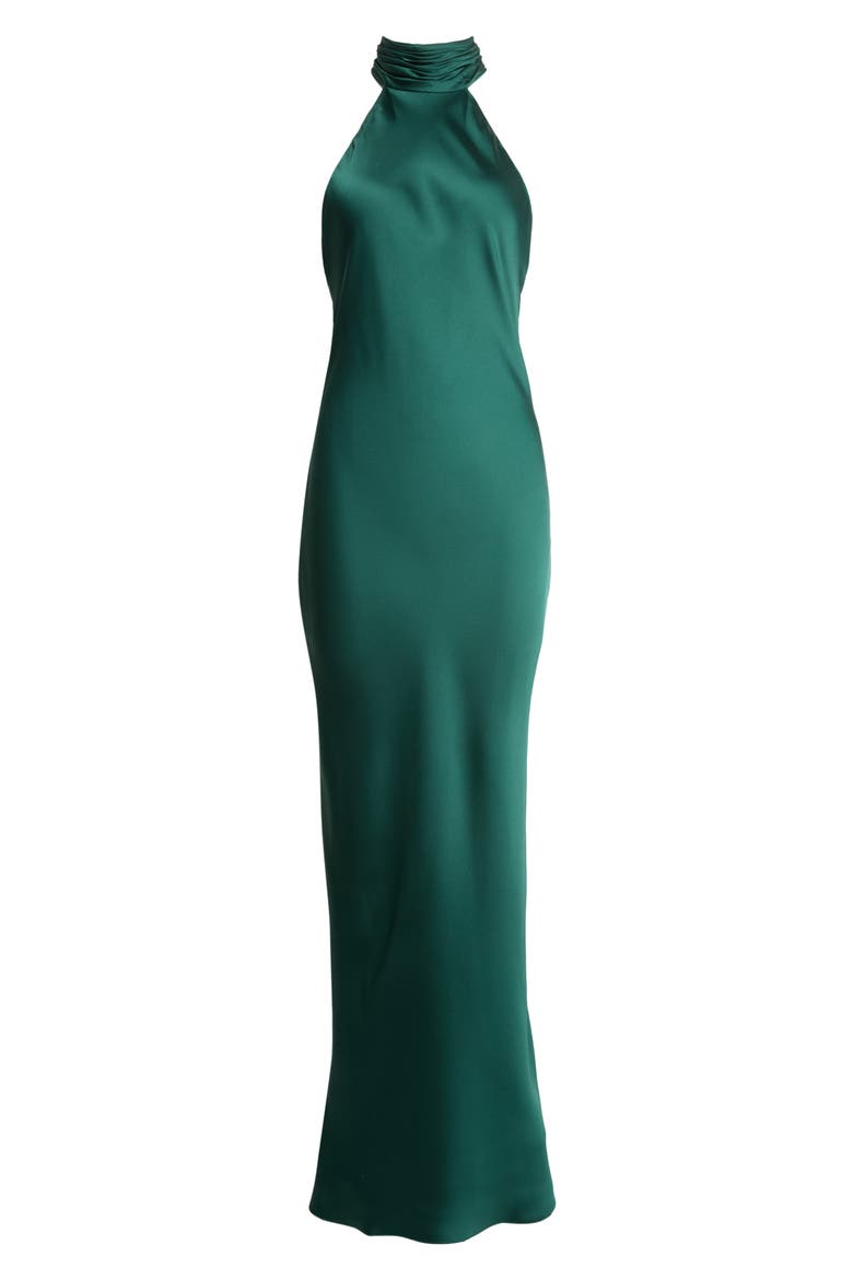 Tatiana Halter Neck Satin Gown, Alternate, color, DEEP EMERALD