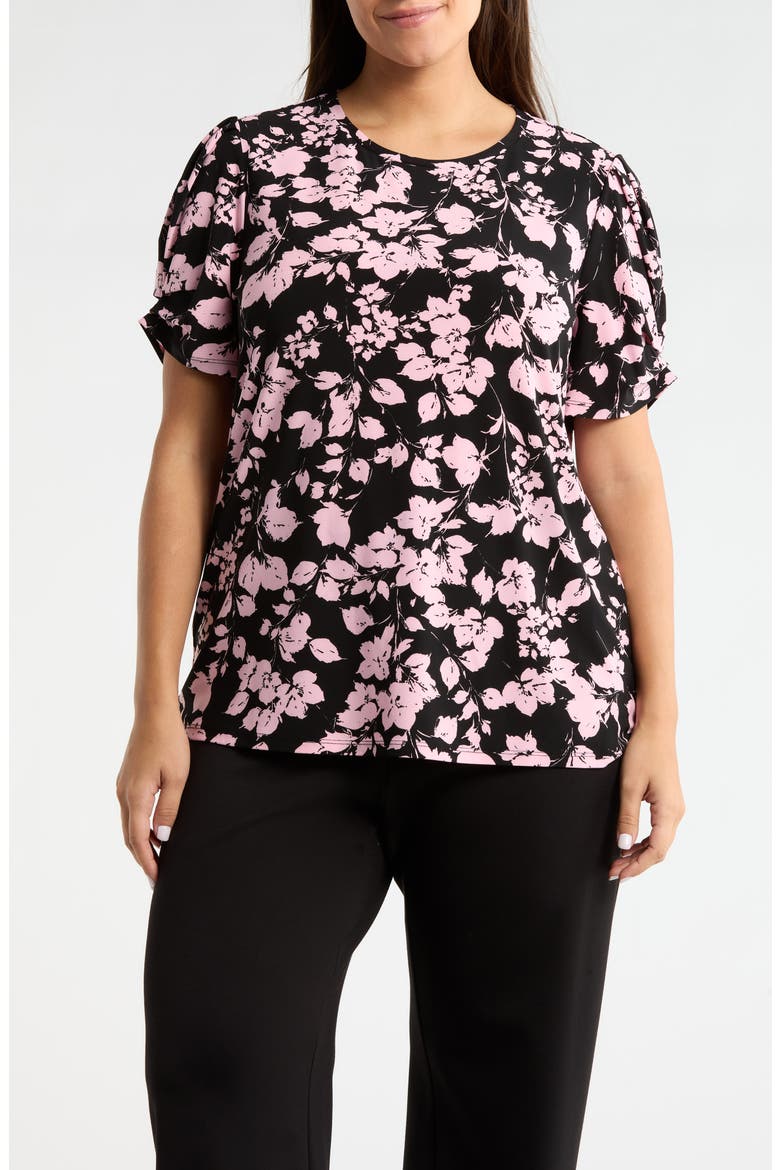 Print Pleat Short Sleeve Top, Main, color, ANNE BLACK/ PEONY PINK