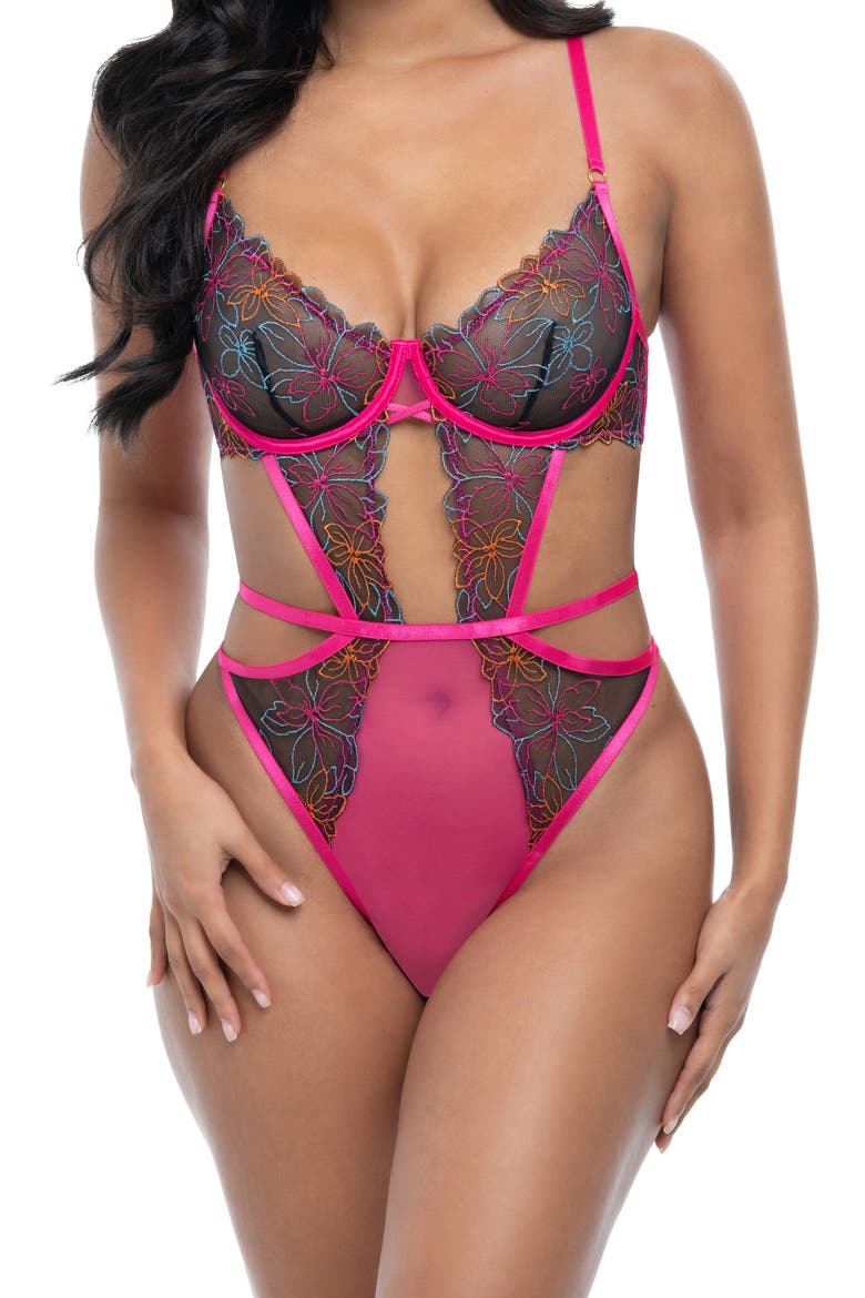 Saracita Embroidered Mesh Underwire Teddy, Main, color, EXOTIC DAYDREAM 032/PINK YARRO