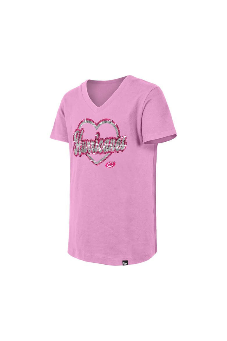 Girl's Youth New Era  Pink Carolina Hurricanes Flip Sequin V-Neck T-Shirt, Alternate, color, Pink