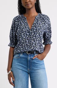 Caslon® Pintucked Short Sleeve Popover Top