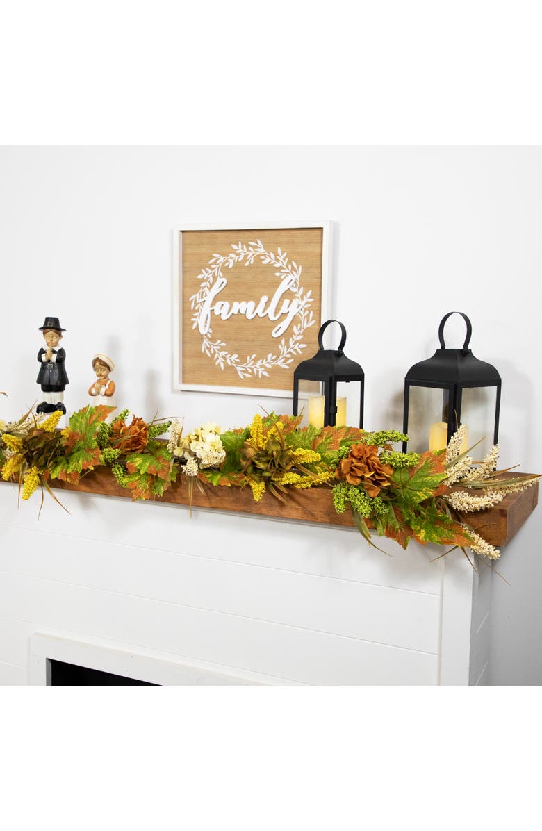 Northlight Hydrangea, Pib Berry and Maple Floral Artificial Fall Harvest Garland - 5' x 10", Alternate, color, Green