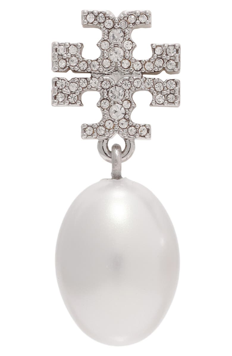 Tory Burch Moondance Pearl and Pavé Drop Earrings, Alternate, color, Tory Silver / Pearl
