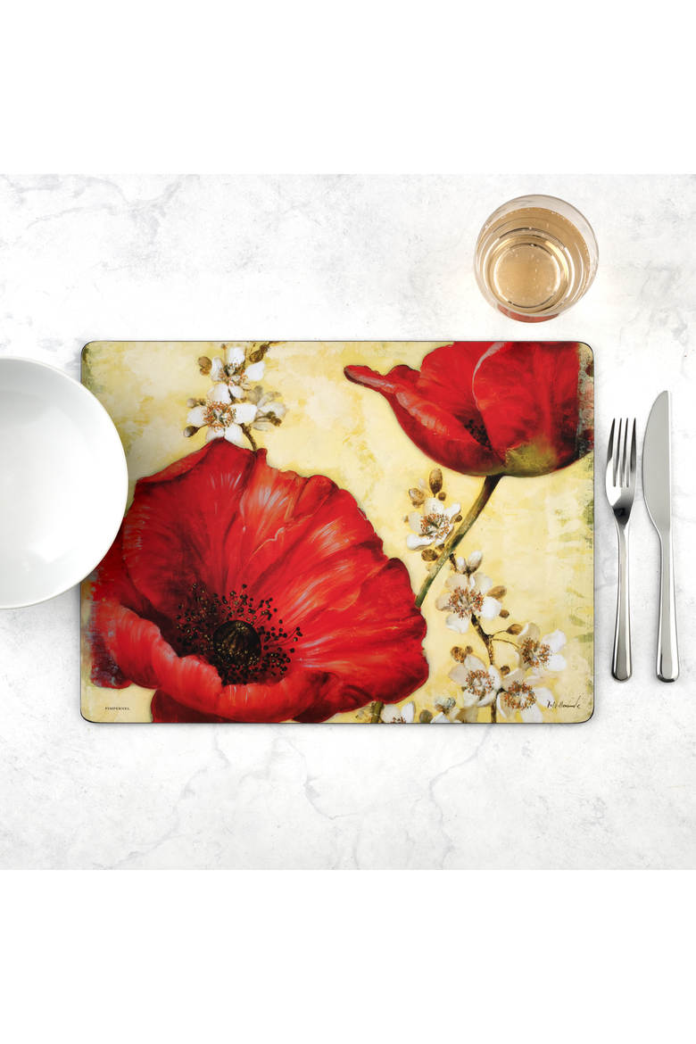 Red Poppy Blossoms Set of 4 Cork Back Placemats, Alternate, color, Multi