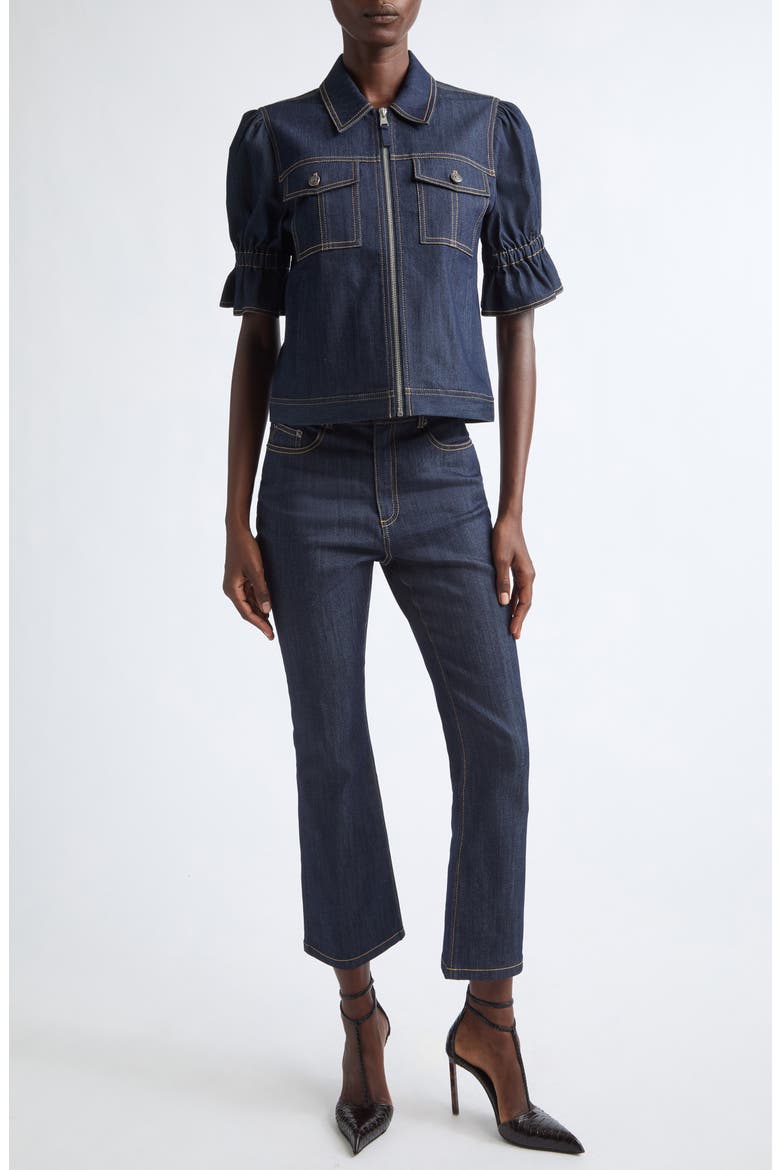 Holly Puff Shoulder Denim Jacket, Alternate, color, INDIGO